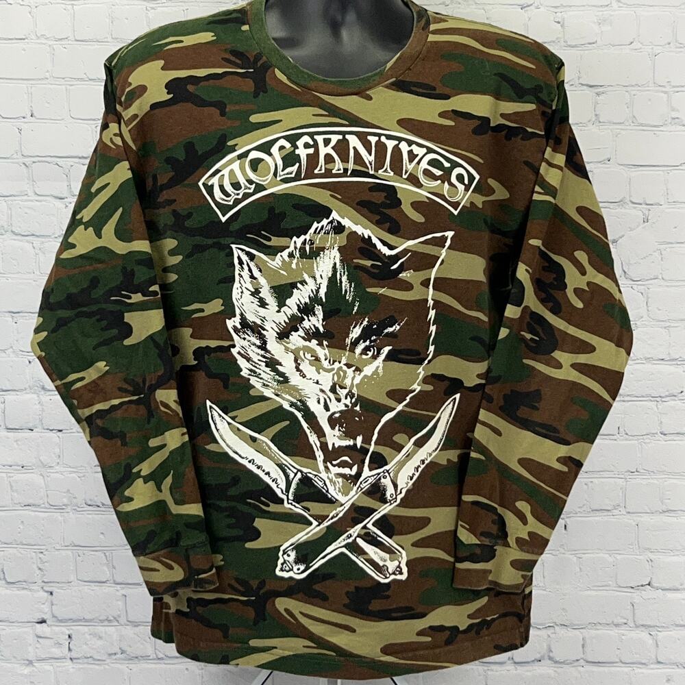 Wolfknives Camouflage T Shirt L Large Green Camo Long Sleeve Skater Jason Ellis